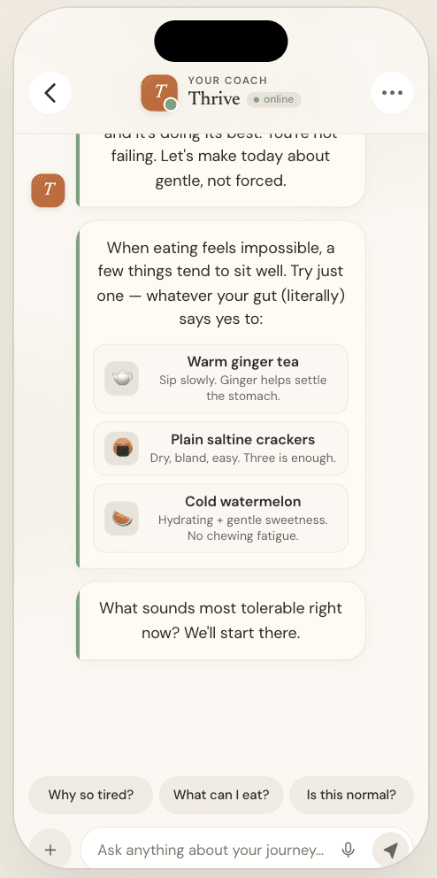 AI coach chat providing personalized nutrition guidance and emotional support