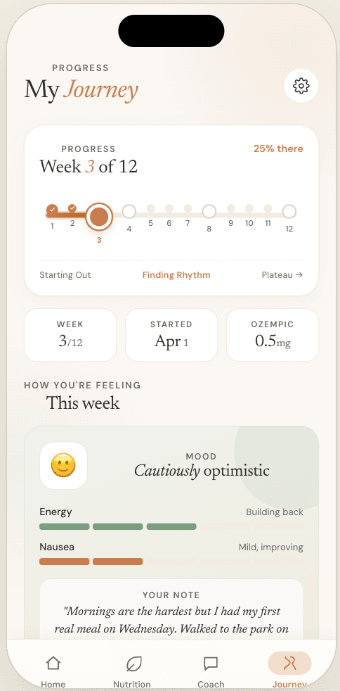 Journey tracker showing weekly progress, mood tracking, and personal milestones