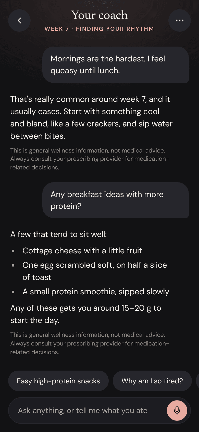 Coach conversation about morning nausea and breakfast ideas with more protein